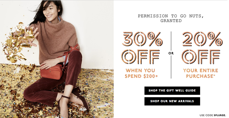 Madewell: 20% off your entire purchase or 30% off $200+ with code SPLURGE